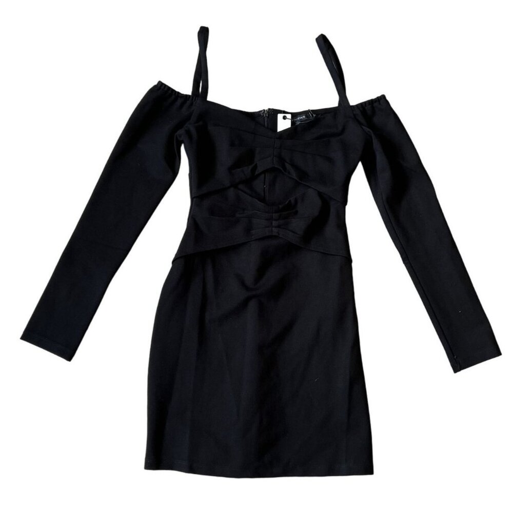 Oliveaceous Black Off-Shoulder Long Sleeve Sexy Midriff Cutout Mini Dress S NWT - Picture 1 of 8